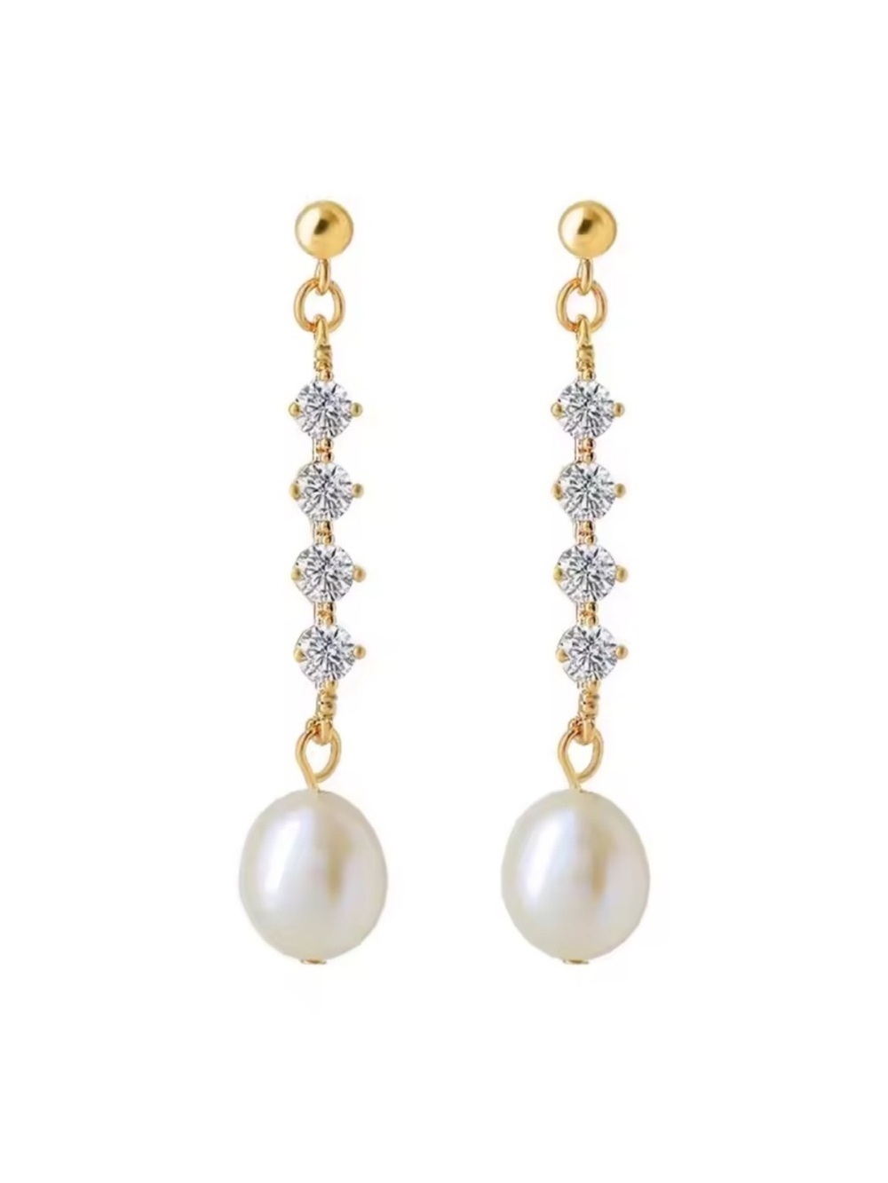 Gold and White Pearl Drop Earrings with Crystal Chain